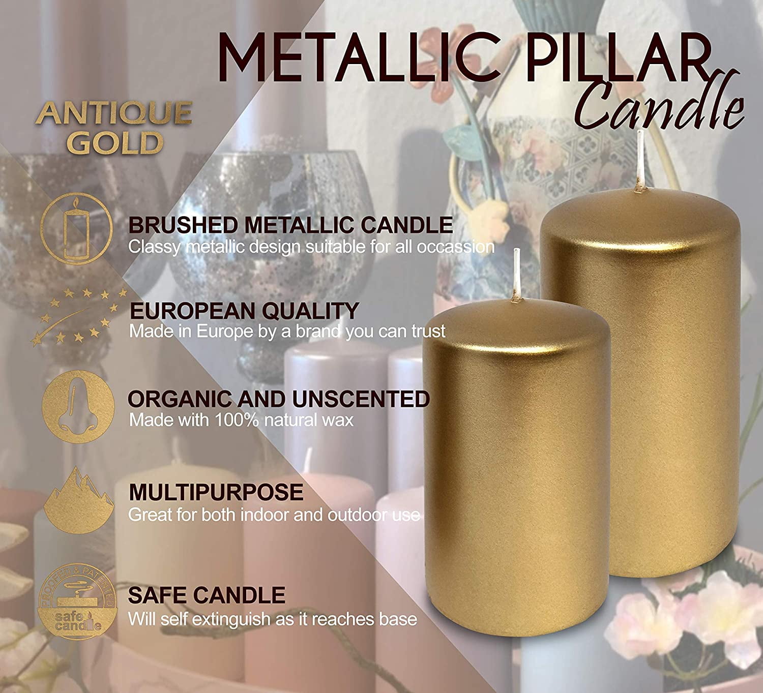 Hyoola 2.75 x 5 inch Metallic Antique Gold Unscented European Made Pillar Candles, Paraffin Wax with Cotton Wicks, 6-Pack