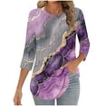 thumbnail image 5 of JTZGDY Fashion T-Shirts for Women Casual Floral Printed 3/4 Length Sleeve Ruched Pleated Fall Crewneck Tunic Blouse Trendy Oversized Pullover Tops Purple M, 5 of 8