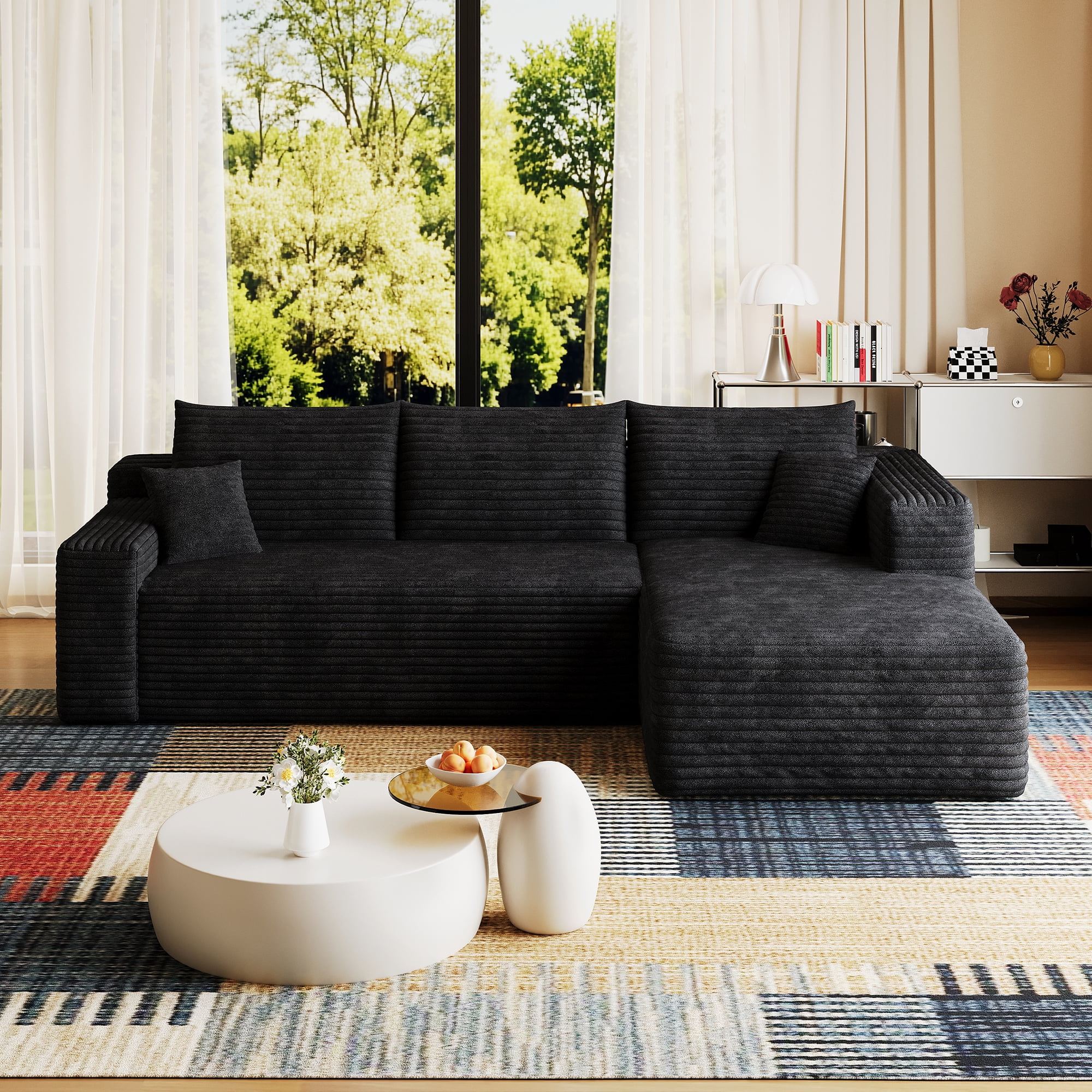 95-Inch Cloud Sectional Sofa with Plush Corduroy Fabric, U-Shaped Modular Couch and Corner Sofa for Living Room with Deep Seat, No Assembly Required, Black