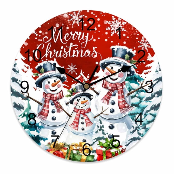Wall Clock 10 Inch Merry Christmas Snowman Round Silent Decorative Wall Clocks Battery Operated for Living Room Bedroom Kitchen Classroom Decor, Red Snowflake Christmas Tree,Small