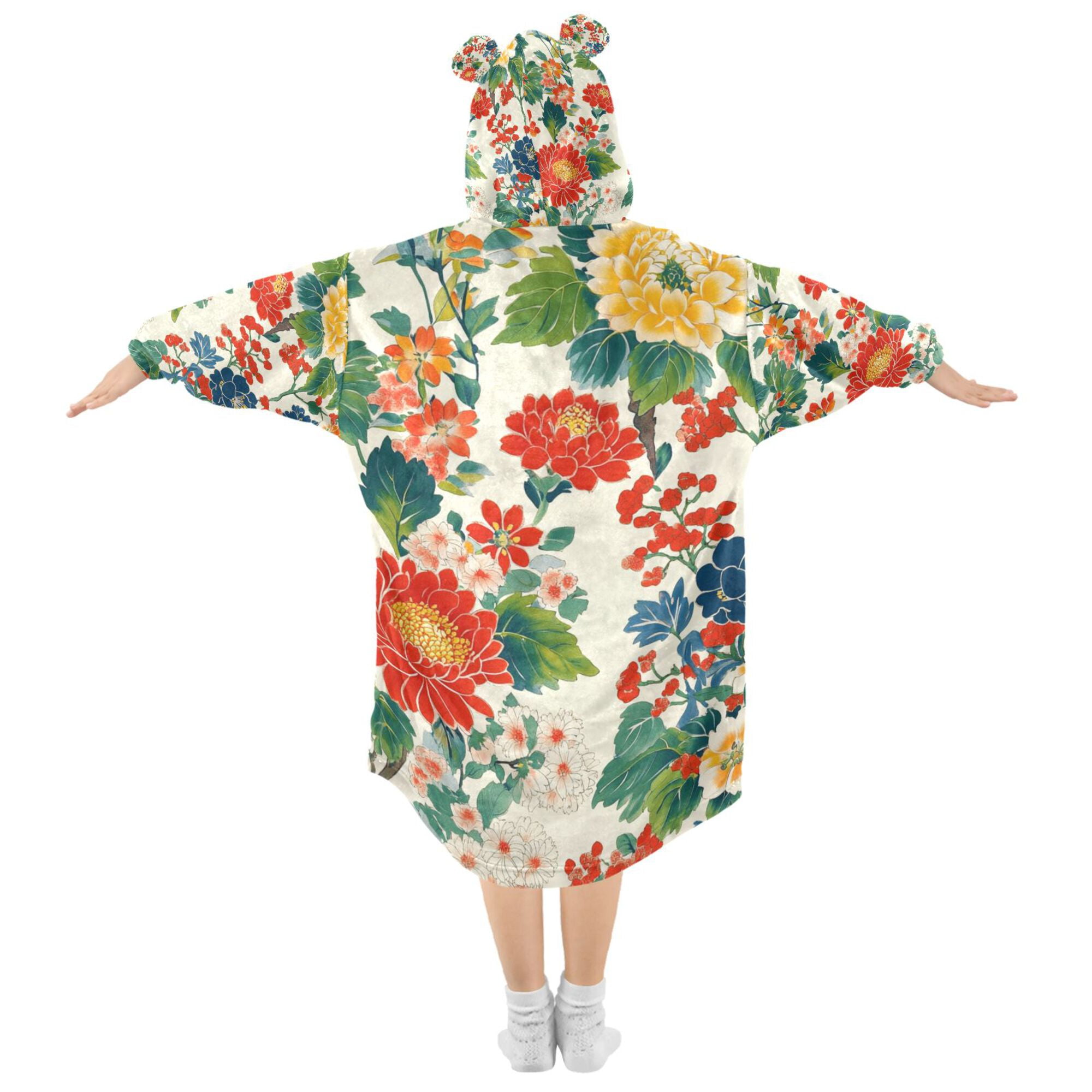 FORMRS Wearable Blanket Hoodie with Sleeves for Kids Cozy Flannel Sweatshirt, Colorful Flowers Pattern