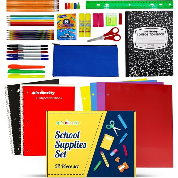 4E's Novelty 44 Piece Schools Supplies Kit, Back to School Supply Box with Essential Student Kits, School Supply Bundle