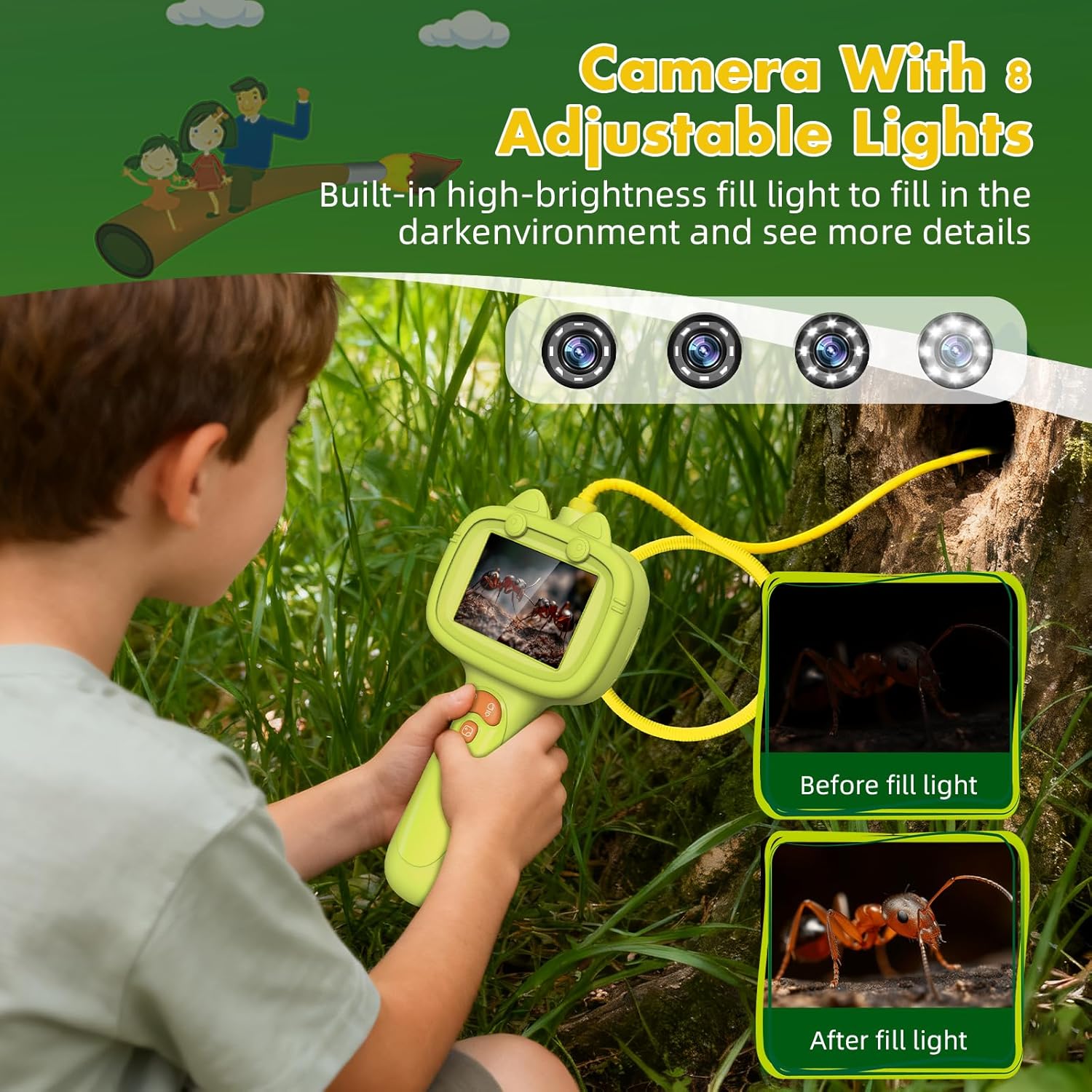 Borescope Camera with Light, Handheld Endoscope Camera for Outdoor Adventures & Nature Discovery, Outdoor Toys Gifts for Boys Girls, Yellow