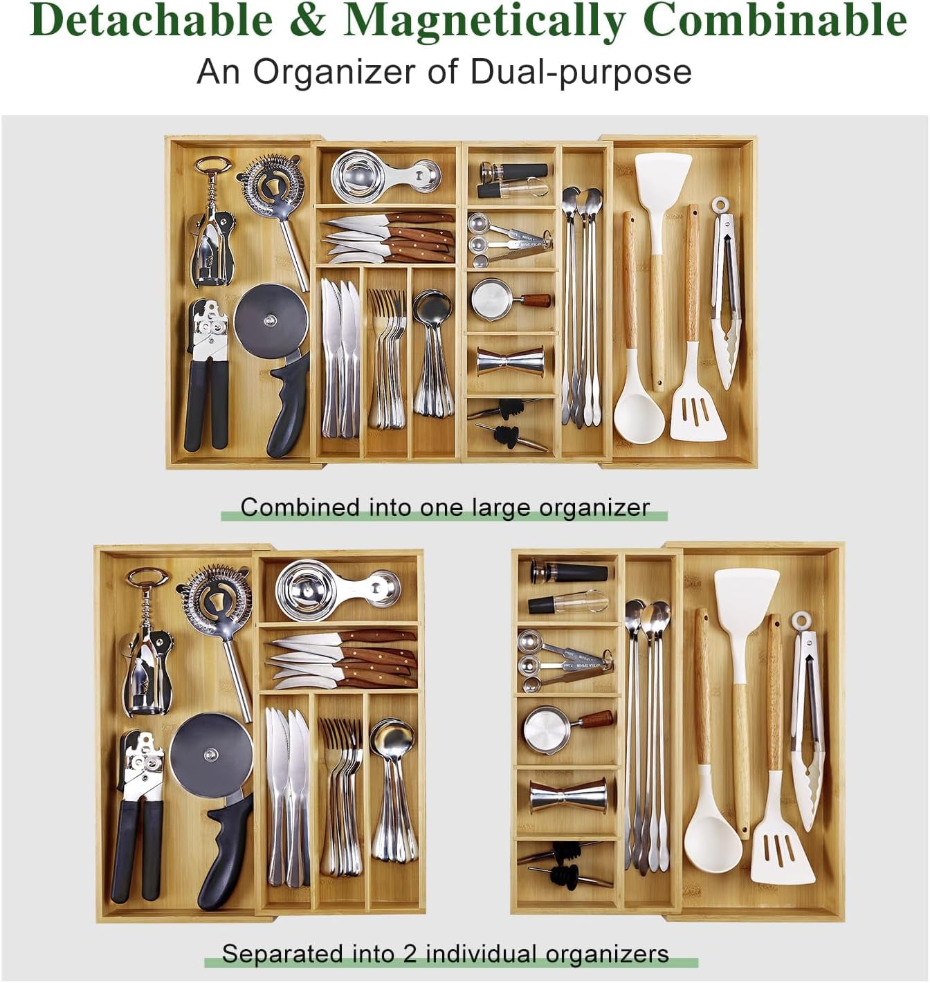 Large Bamboo Expandable Drawer Organizer, Silverware Organizer for Drawers, 16 to 30 Inches Wide, 7-13 Slots, Kitchen Drawer Organizers for Utensils, Bamboo Wood Cutlery Organizers