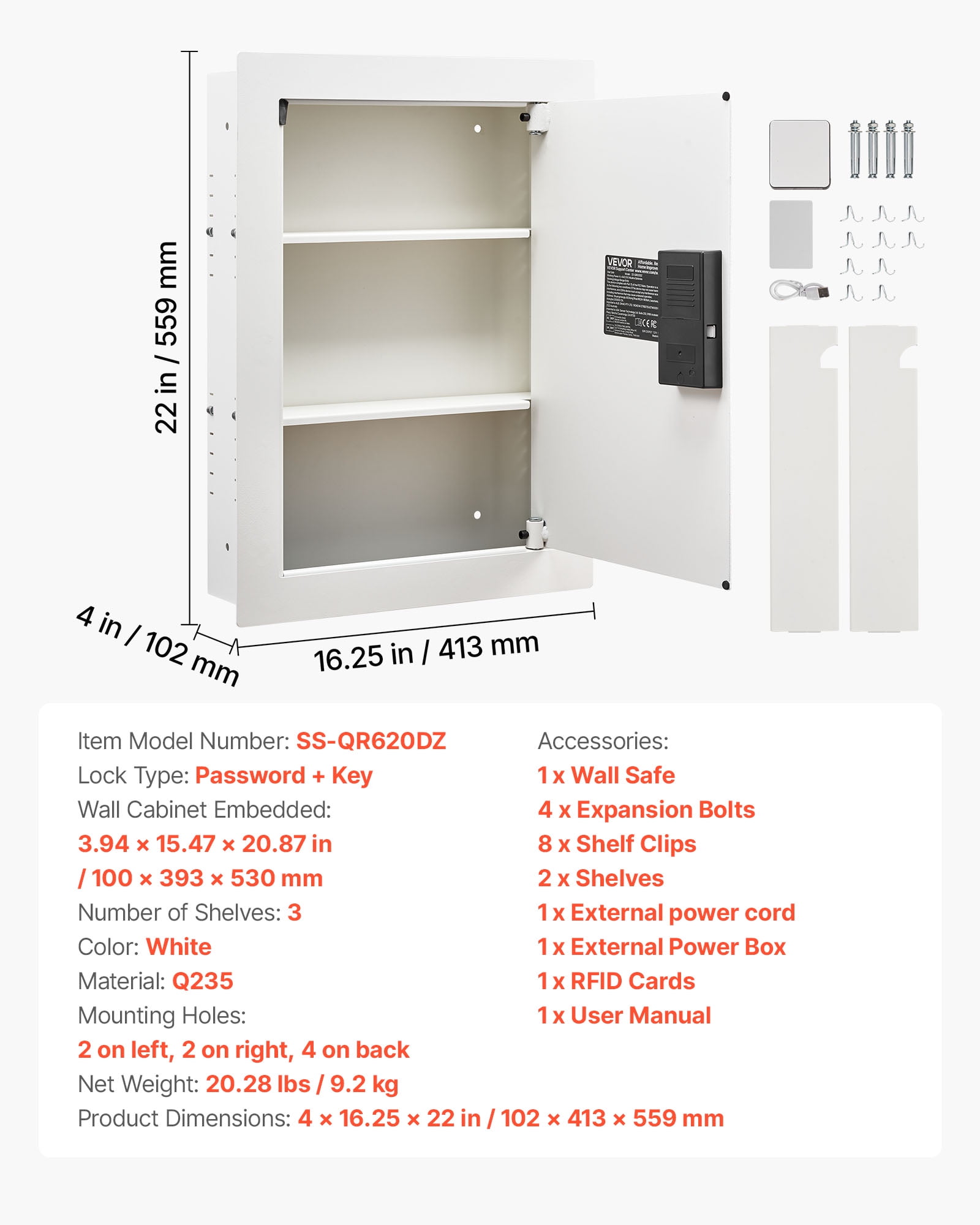 VEVOR 0.83 sq.ft Wall Safe, 3-Tier Hidden Wall Safe with Password, Key & Turning Knob, Q235 Cold-Rolled Steel In-Wall Box with Adjustable Shelves & Mounting Holes for Money, Jewelry, Passport, White