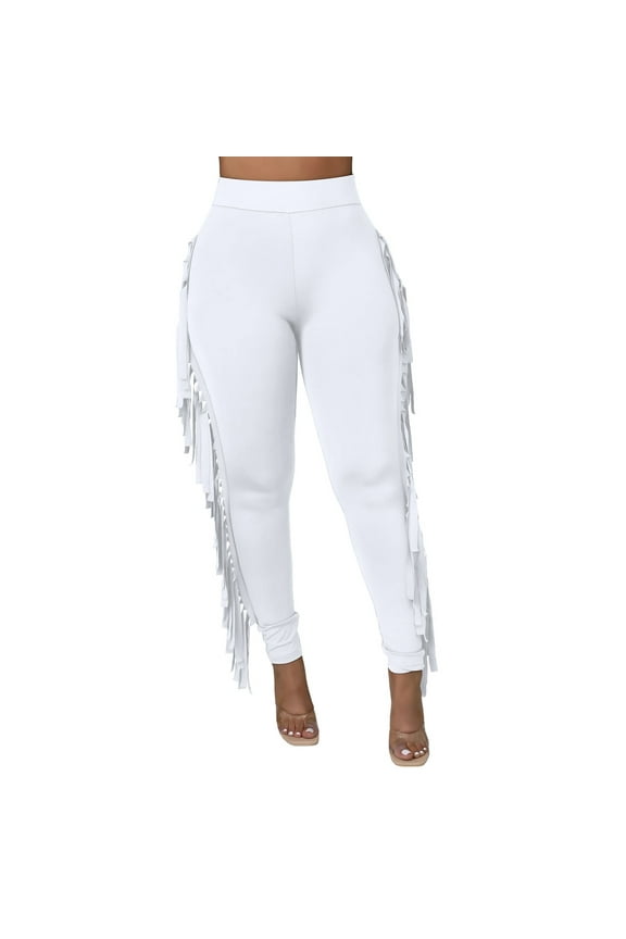 Womens Pants Skinny High Rise Women Fashion Clothes Tight High Waist Fringed Bandage Pants Solid Color Knitted Tassel Pants