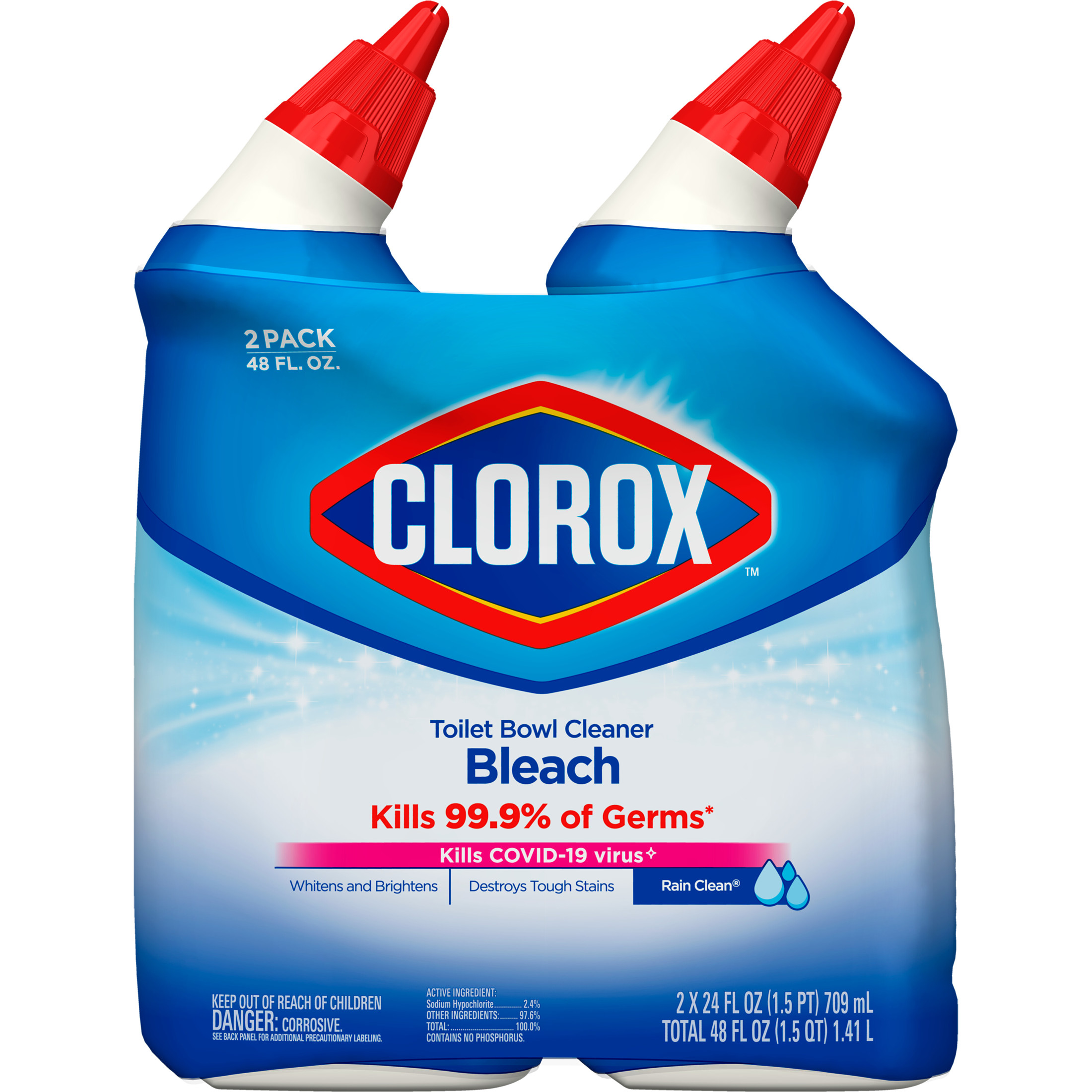 Clorox Toilet Bowl Cleaner Bleach, Rain Clean, 24 fl oz, 2 Pack - image 2 of 9