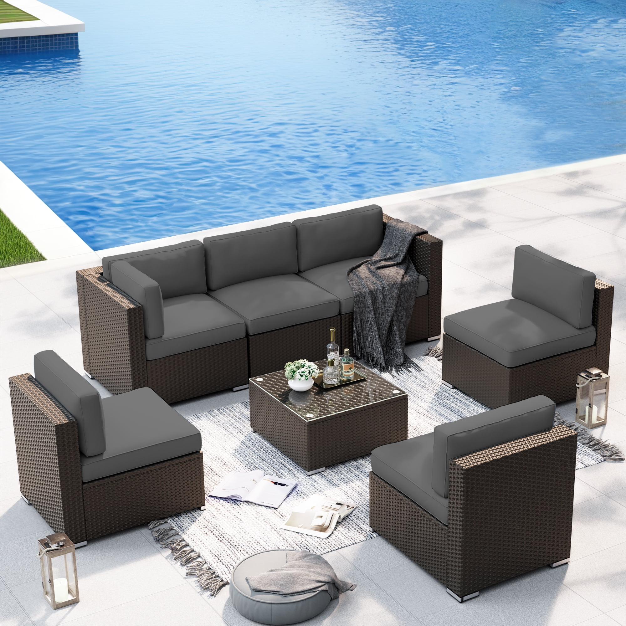 SUNCROWN 7-Piece Outdoor Patio Furniture Sofa Set All-Weather Black Wicker Sectional Conversation Set with Modern Glass Coffee Table and Cushions, Backyard, Garden, Deck, Dark Grey