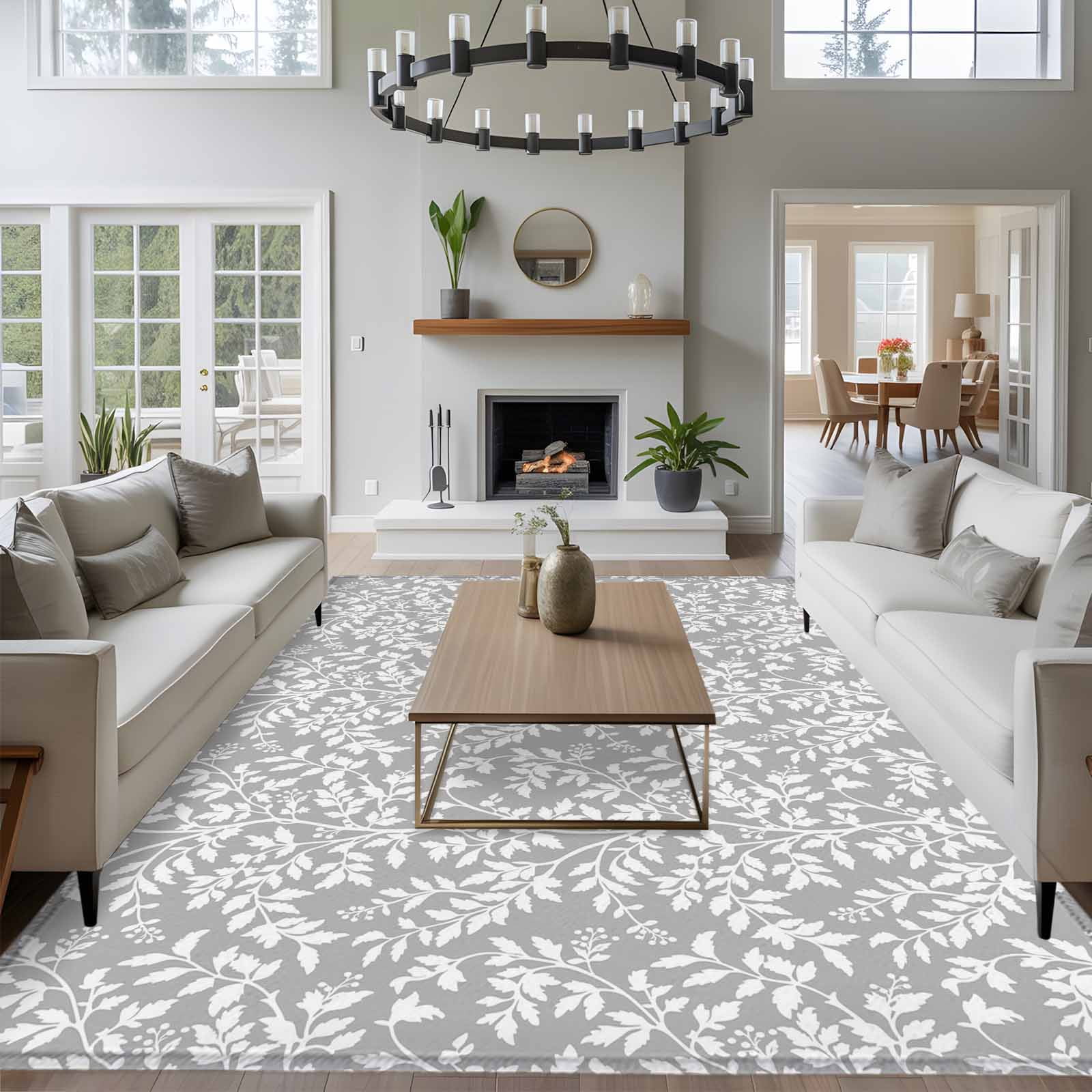 Large Area Rugs for Living Room Bedroom, Grey Spring Floral 8'x10' Rug Washable Carpet Runner Indoor Outdoor, Farmhouse Flowers Elegant Pastoral Non Slip Floor Mats Rug for Kitchen, Patio