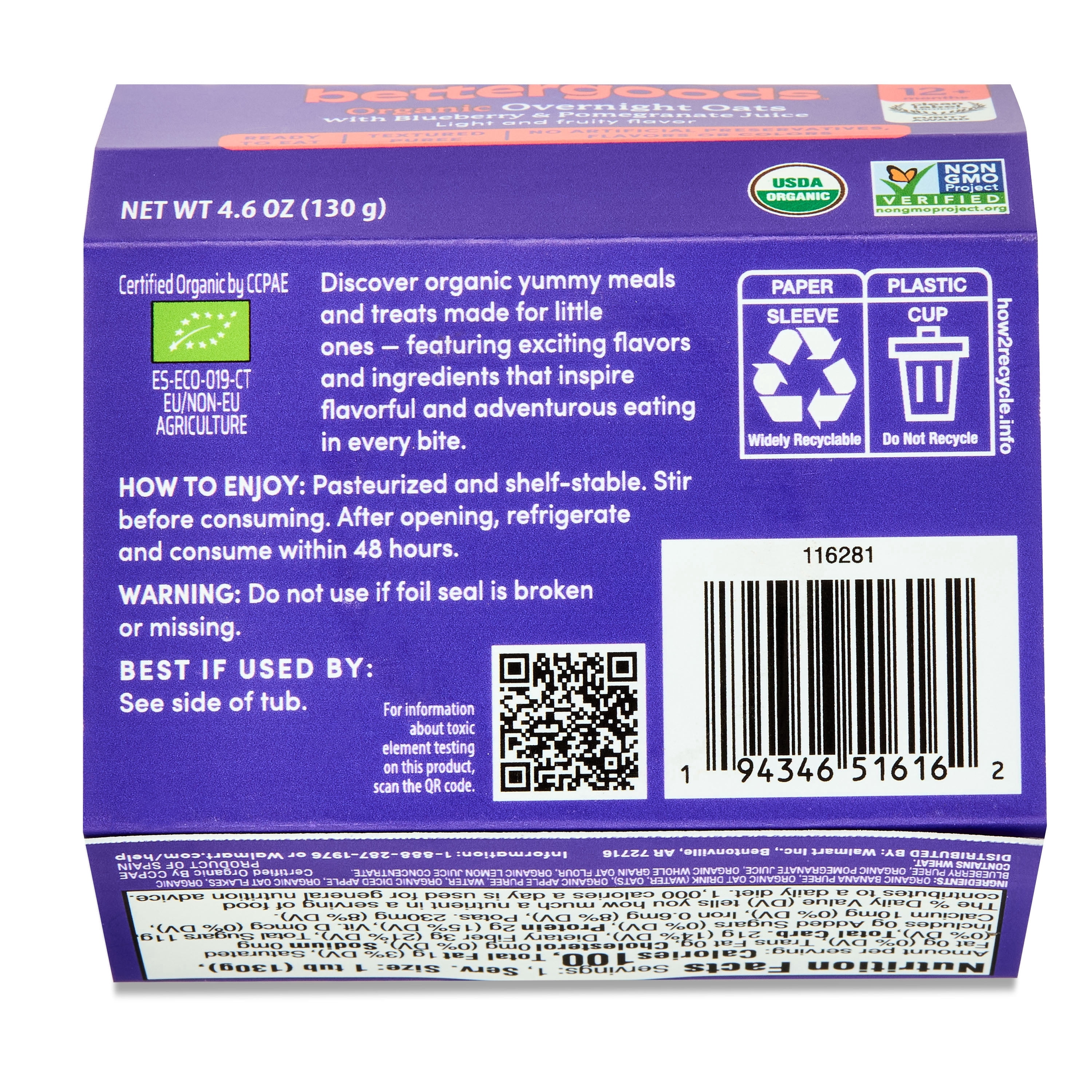 bettergoods Organic Stage 4 Baby Food Overnight Oats with Blueberry Puree and Pomegranate Juice, 4.6 oz Tub