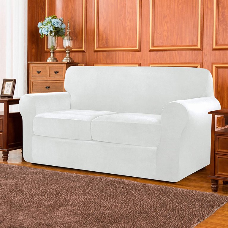 Subrtex 3 Piece Velvet High Stretch Sofa Cover Slipcover Separate Cushion Covers White Loveseat Walmart