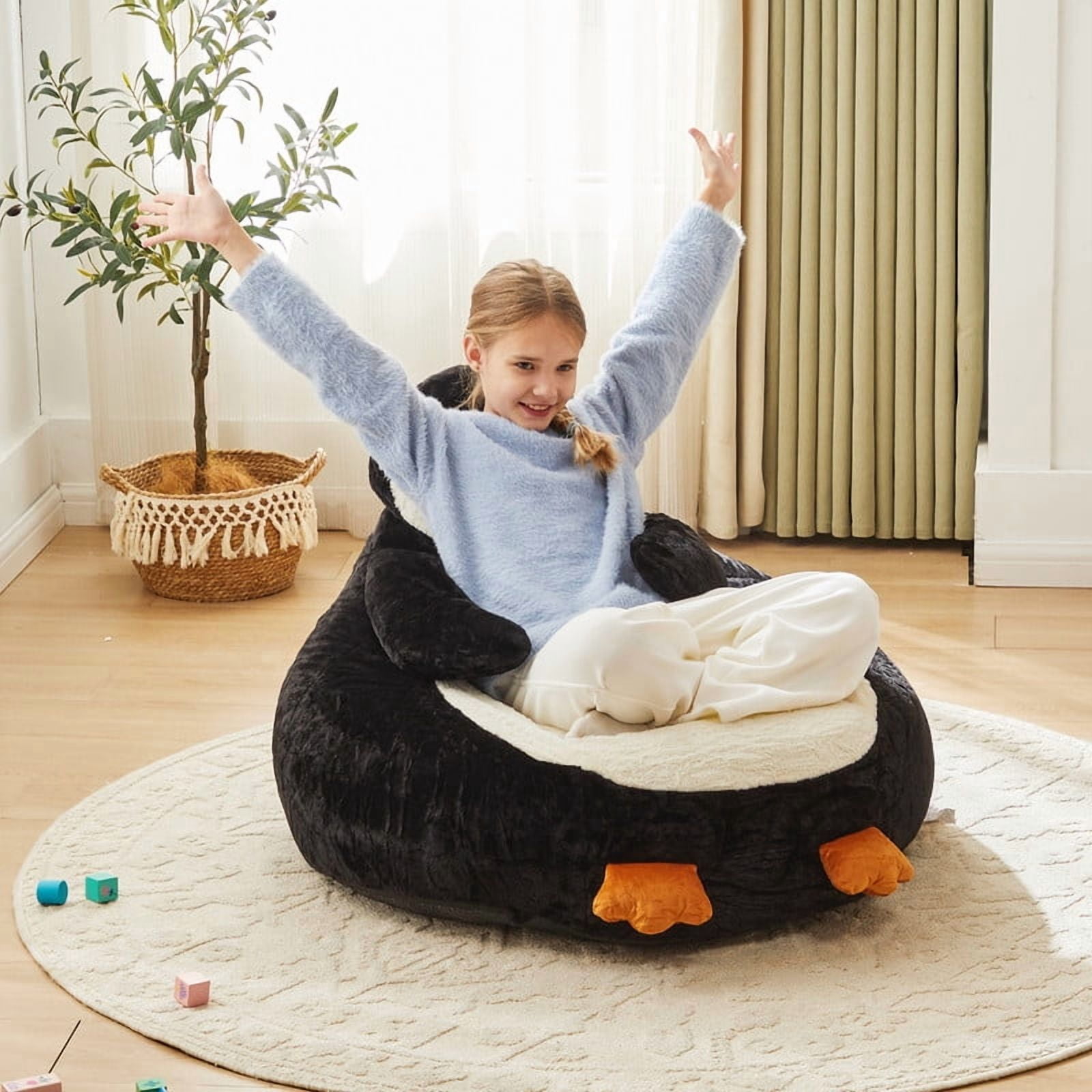 Gianna Kids Bean Bag Chair, 34 Inch Stuffed Toddler Couch with Faux Rabbit Fur Cover for Teens & Kids, Comfy Lazy Sofa Chair for Reader, Living Room, Bedroom, Black and White