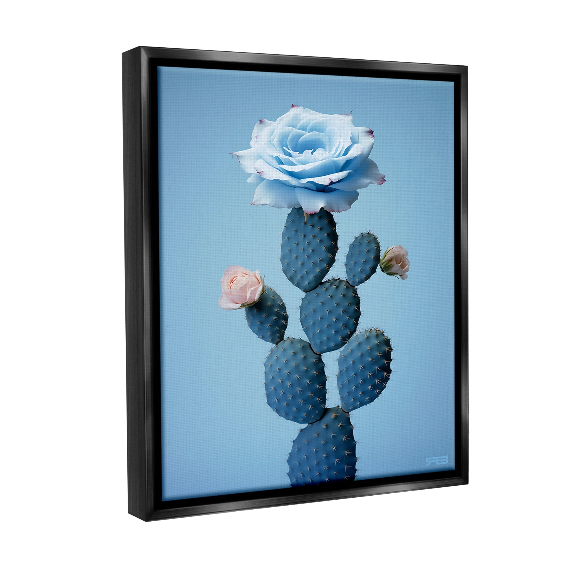 Stupell Industries Blue Rose & Cactus Botanical & Floral Painting Black Floater Framed Canvas Art Print Wall Art, 17 x 21