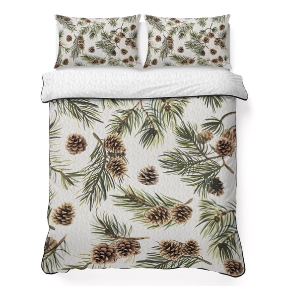 Twin XL Quilt Set, Winter Pine Cone Leaf Lightweight Quilt Sets Summer Comforter Coverlets with 2 Pillow Shams, Watercolor Green Brown Plant Breathable 3 Piece Bedding Set for All Seasons