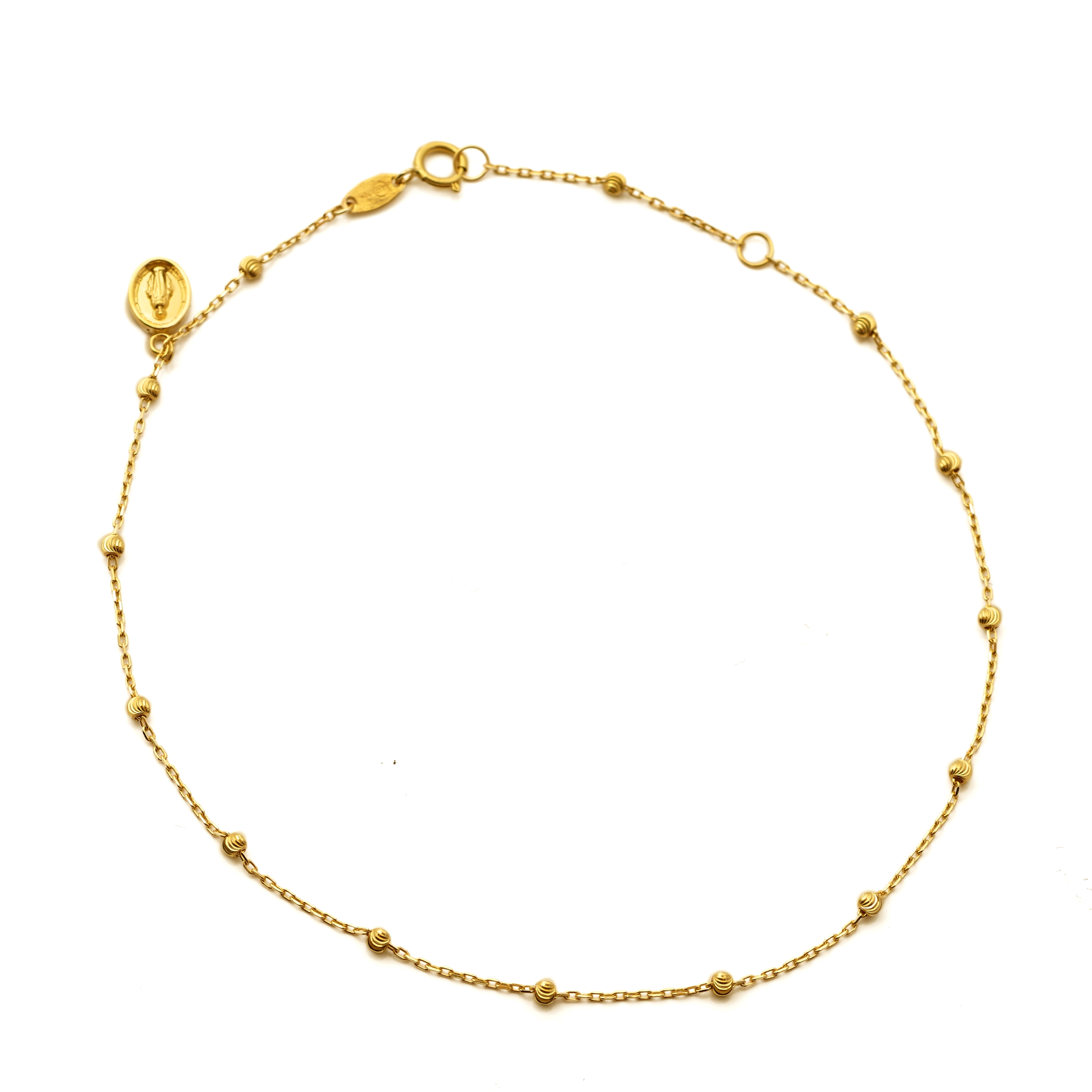 LoveBling 10K Yellow Gold .50mm Diamond Cut Rolo Chain with a Virgin Mary Charm & Beads Anklet Adjustable 9" to 10" (#51)