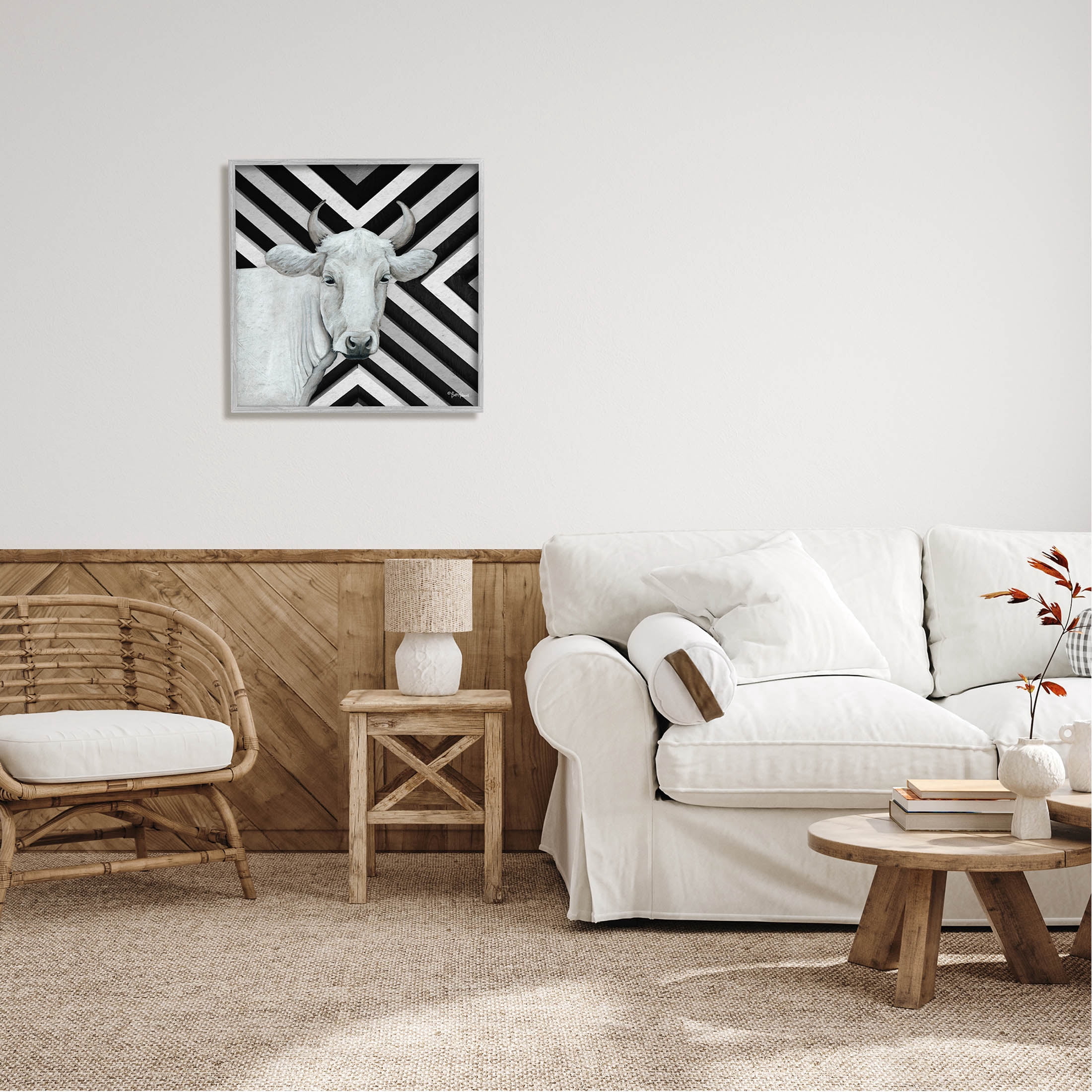 White Cattle Chevron Stripes Animals & Insects Graphic Art Gray Framed Art Print Wall Art