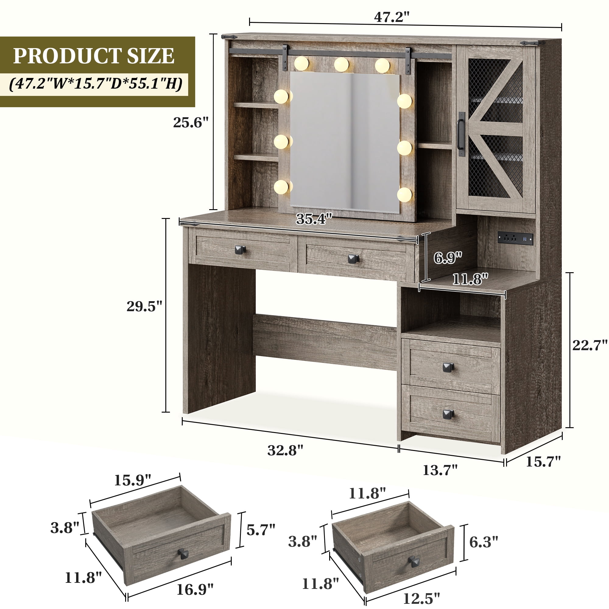 Farmhouse Makeup Vanity with Sliding Mirror & Lights Large Vanity Desk with Charge Station Dressing Table with 4 Drawers & 2 Cabinets, Light Rustic Oak