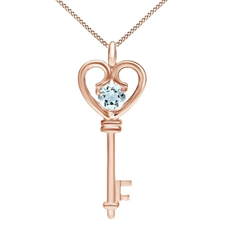 - Simulated Aquamarine Heart Key Pendant Necklace 14k Rose Gold Over Sterling Silver 0.60 Ct