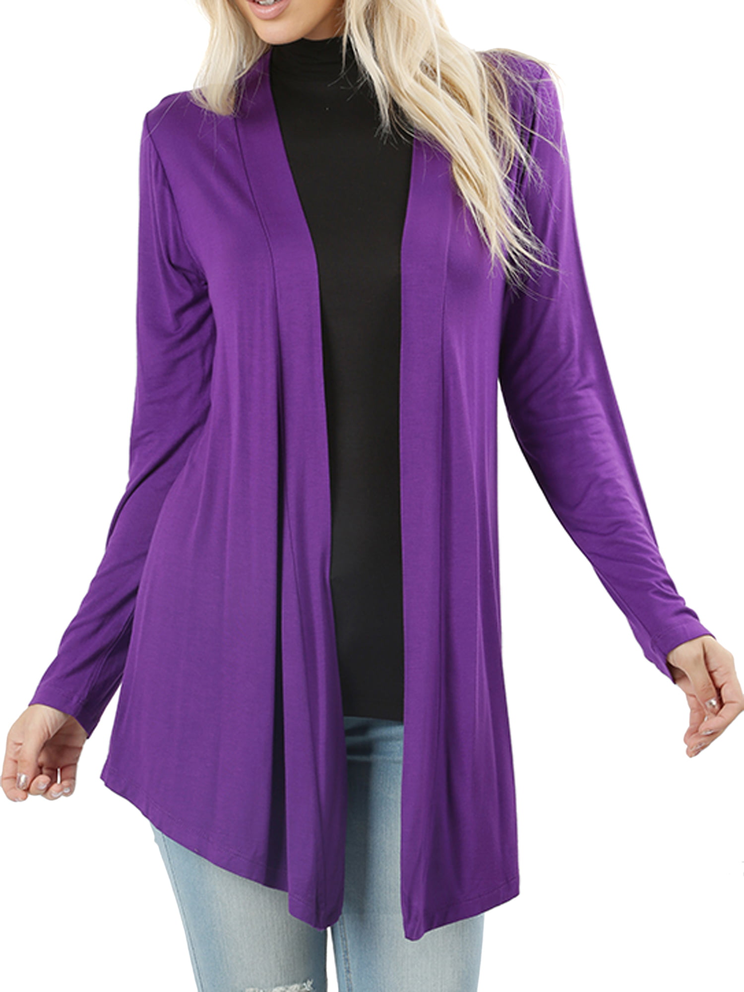 Women & Plus Draped Open Front Long Sleeve Flowy Light Cardigan (Purple ...