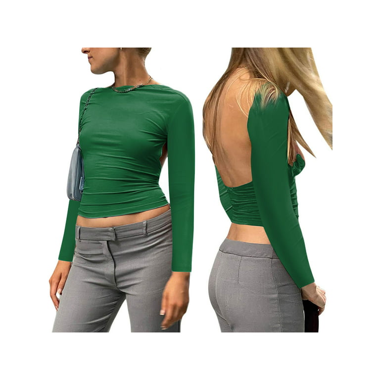 Women Sexy Long Sleeve Backless Top Slim Fit Open Back Shirt Crew