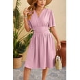 thumbnail image 2 of EASYBRAUS Women V Neck A Line Midi Dress Bell Sleeve Pleated Waist Spring Summer Dress, 2 of 8