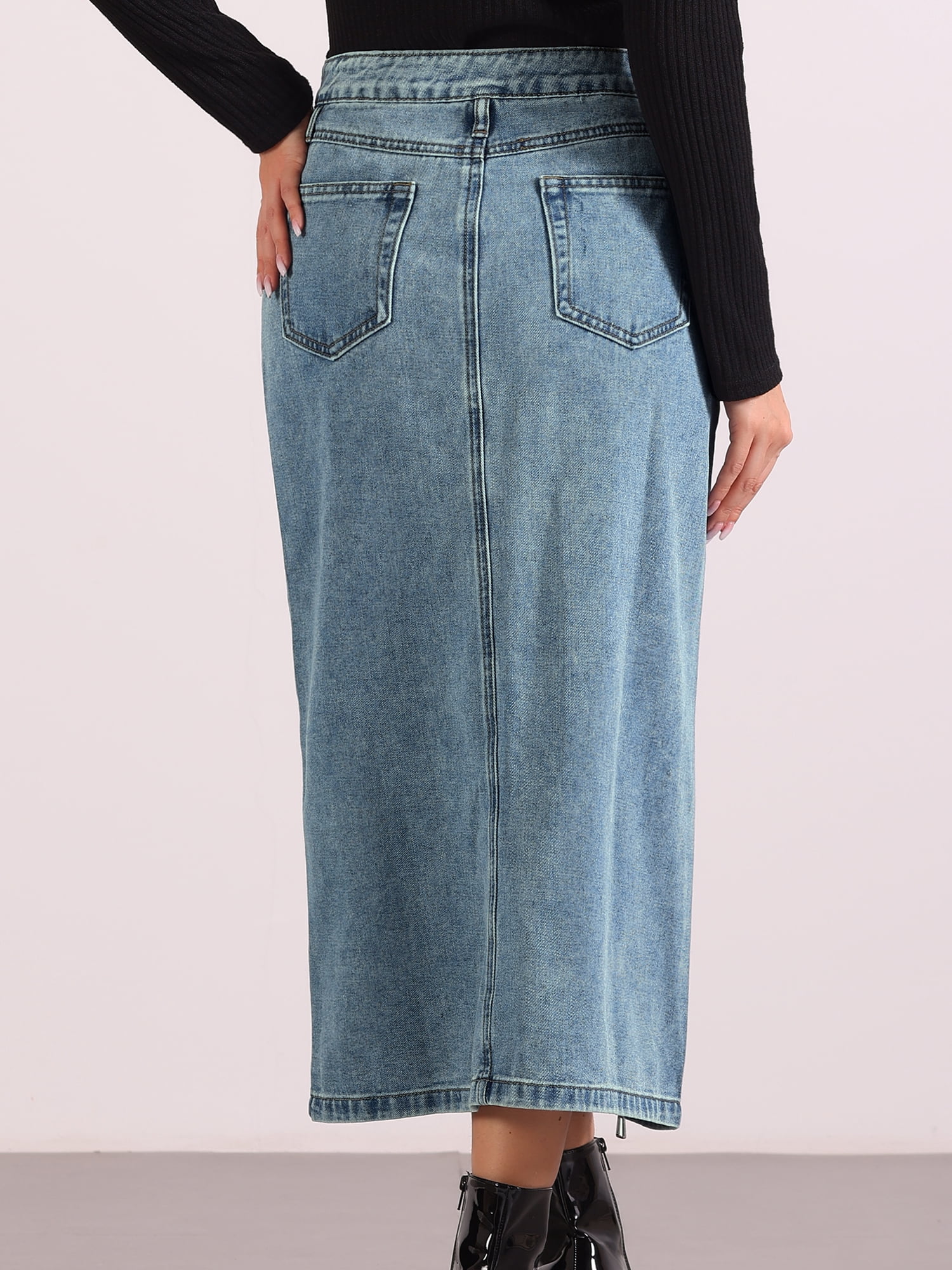 DARING DIVA Women Denim Zipper Front Split Long Jean Skirt with Pockets S Blue