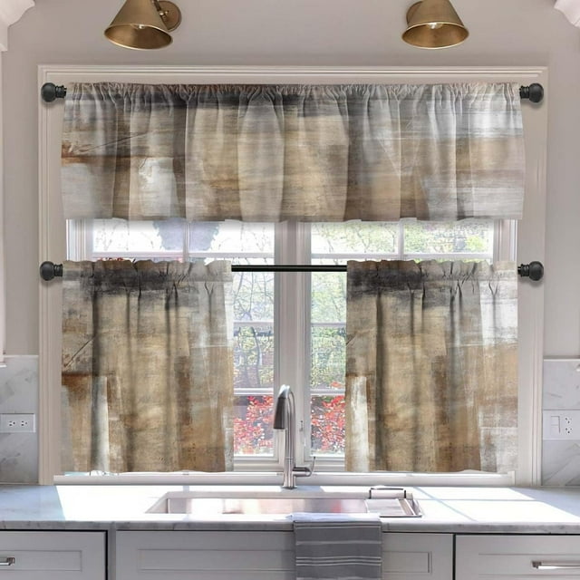 Brown Blackout Kitchen Curtains Tiers and Valances Set 3 Piece for Windows Beige Kitchen Window Curtains Set,Modern Abstract Art Valances for Living Room(36" Tiers Set)