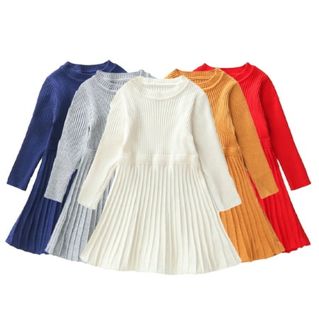 

KYAIGUO Kids Baby Knitted Sweater Dress for Girls Toddler Spring Fall Long Sleeve a Line Princess Dresses Kids Little Solid Color Pullover Party Dress for 1-9T