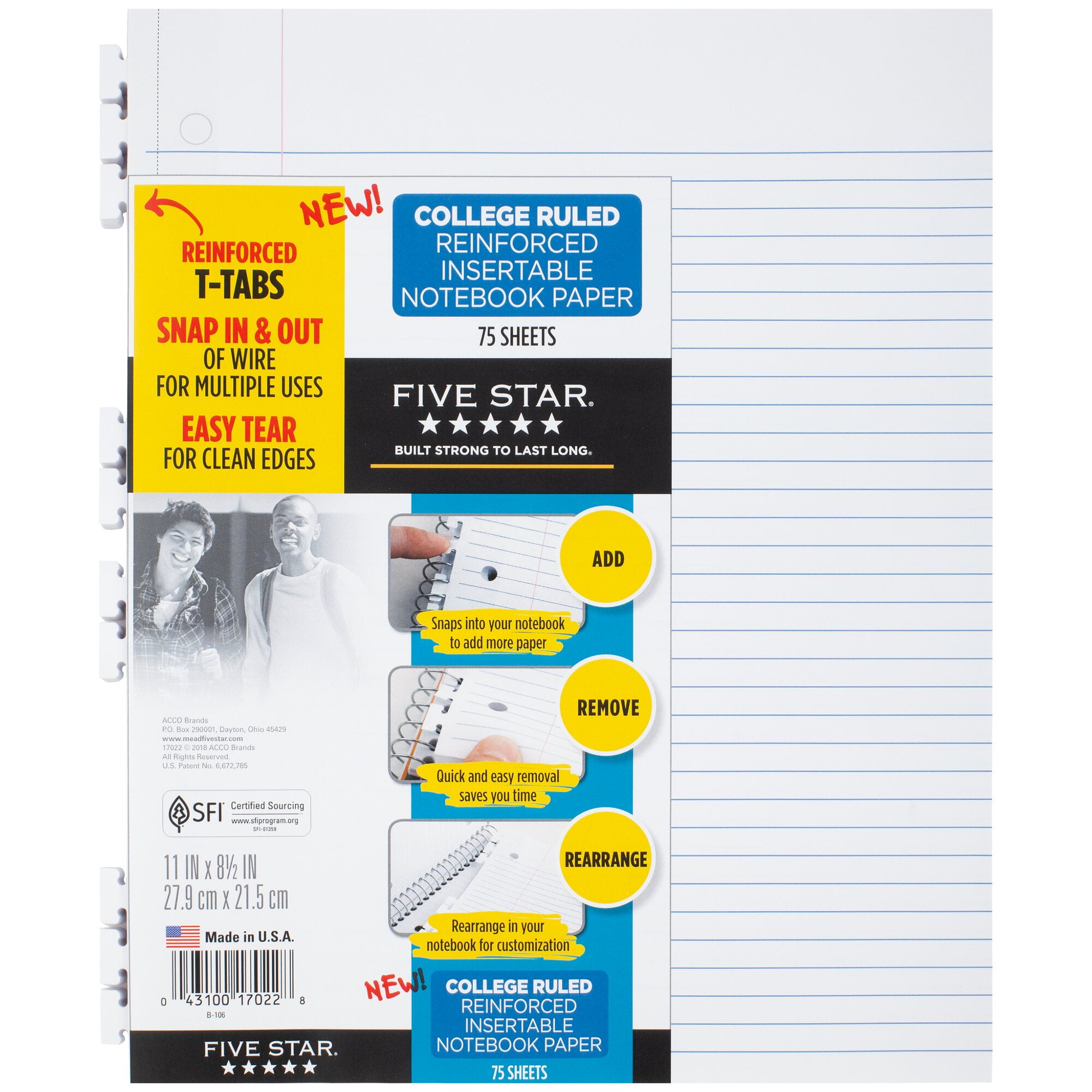 Five Star Reinforced Insertable Notebook Paper, College Ruled, 11 1/2' x 8', 75 Sheets, 3 Pack