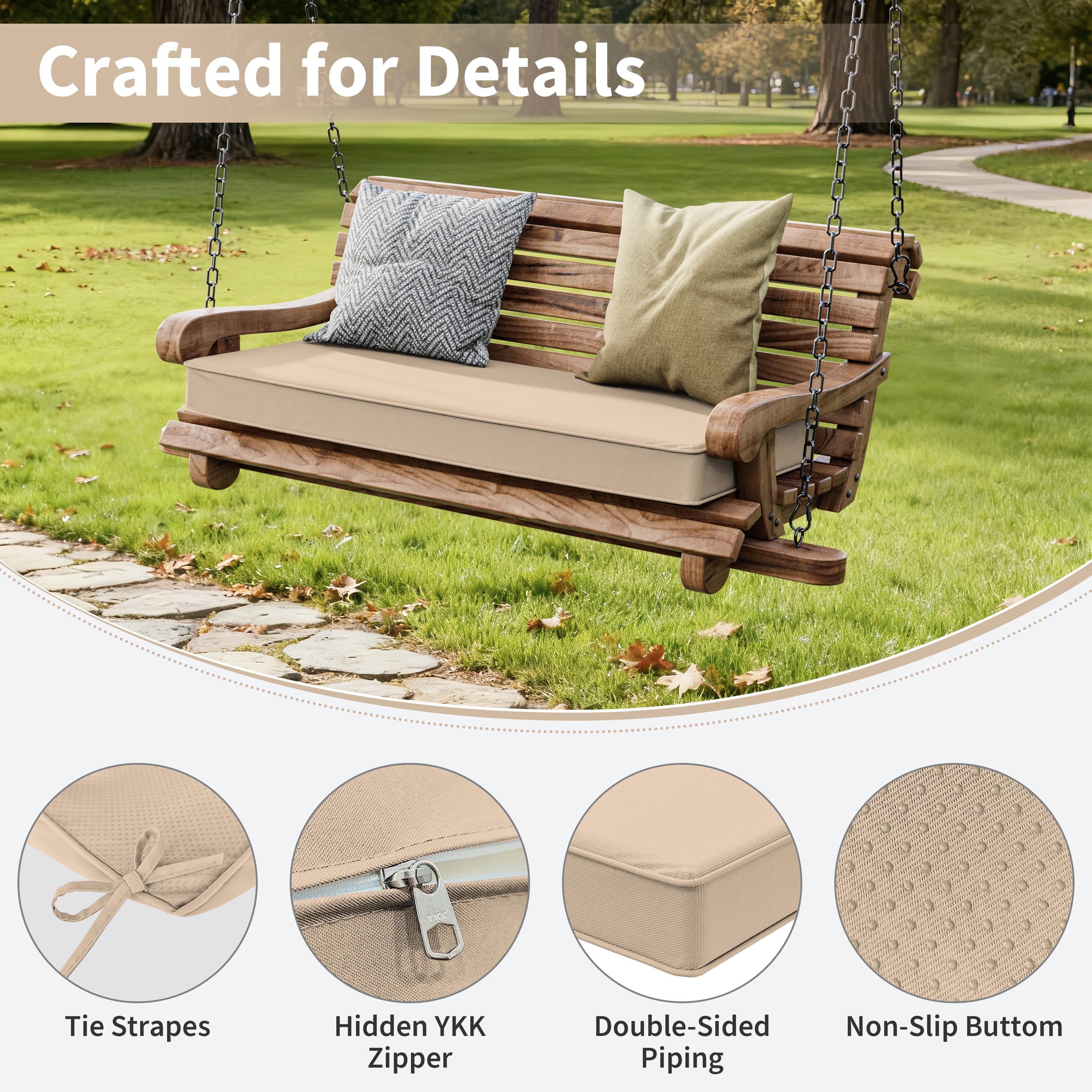 Kimunuk Outdoor Bench Cushions 42 x 18 x 3.5 Inch, High Density Foam Bench Seat Cushion, Porch Swing Cushion with Non-Slip Removable Cover, Sand