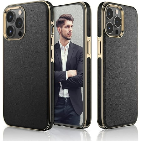 Designed for iPhone 13 Pro Max Leather Case, Premium Business Slim Classic Cover Soft Grip Shockproof Men Phone Cases Compatible with iPhone 13 Pro Max 5G 6.7 inch - Black Gold