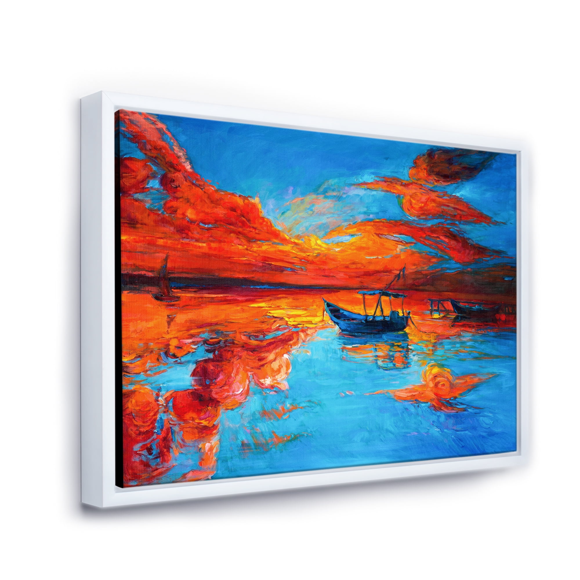 Boats During Warm Sunset Resting On The Water VI 40 in x 30 in Framed Painting Canvas Art Print, by Designart