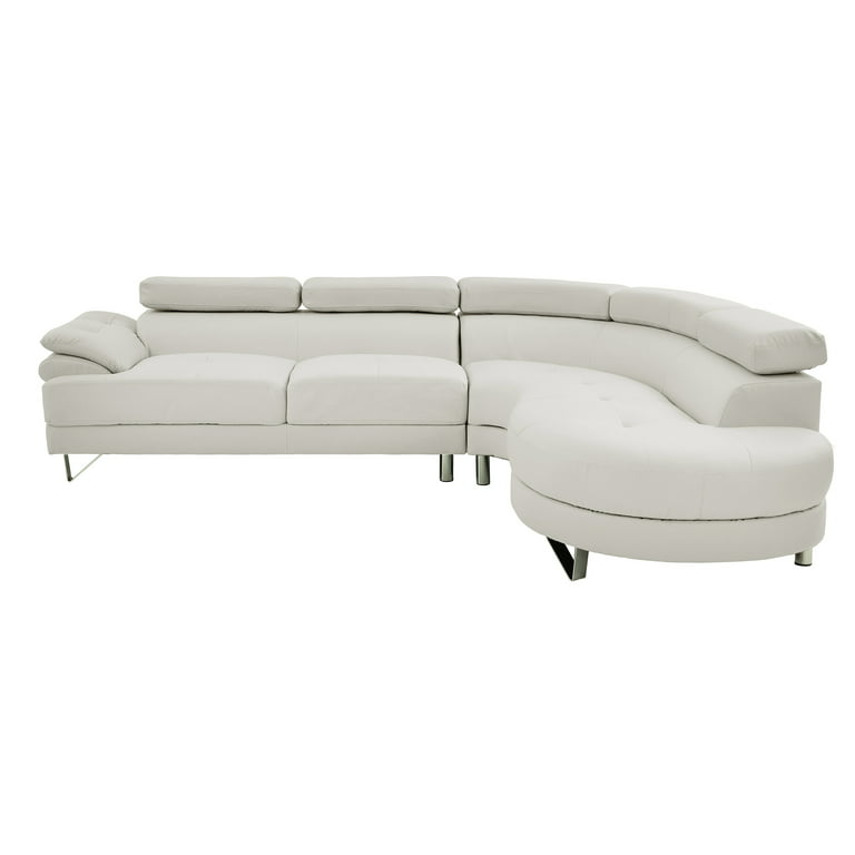 Bobkona Isidro Faux Leather sectional with Adjustable headrest in White