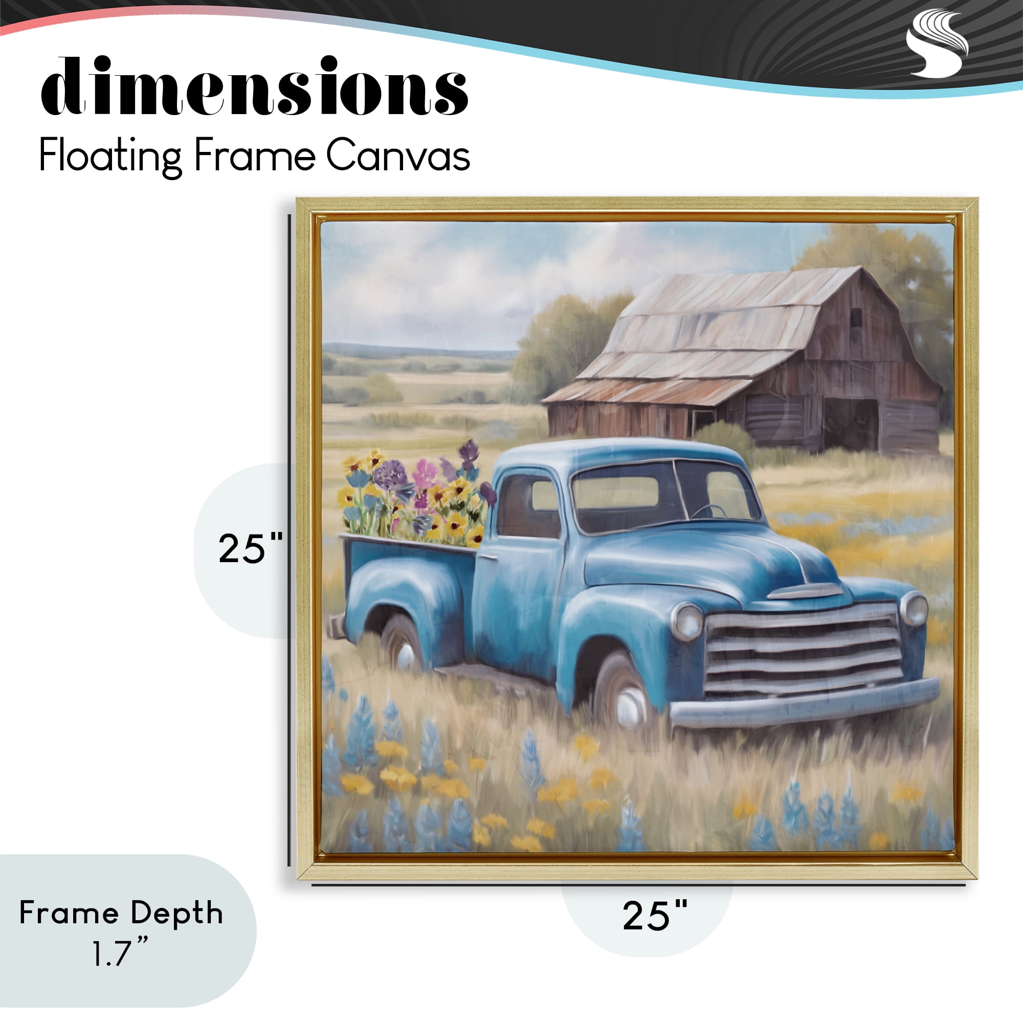 Stupell Industries Flower Truck in Antique Blue Gold Framed Floater Canvas Wall Art, design by Kim Allen