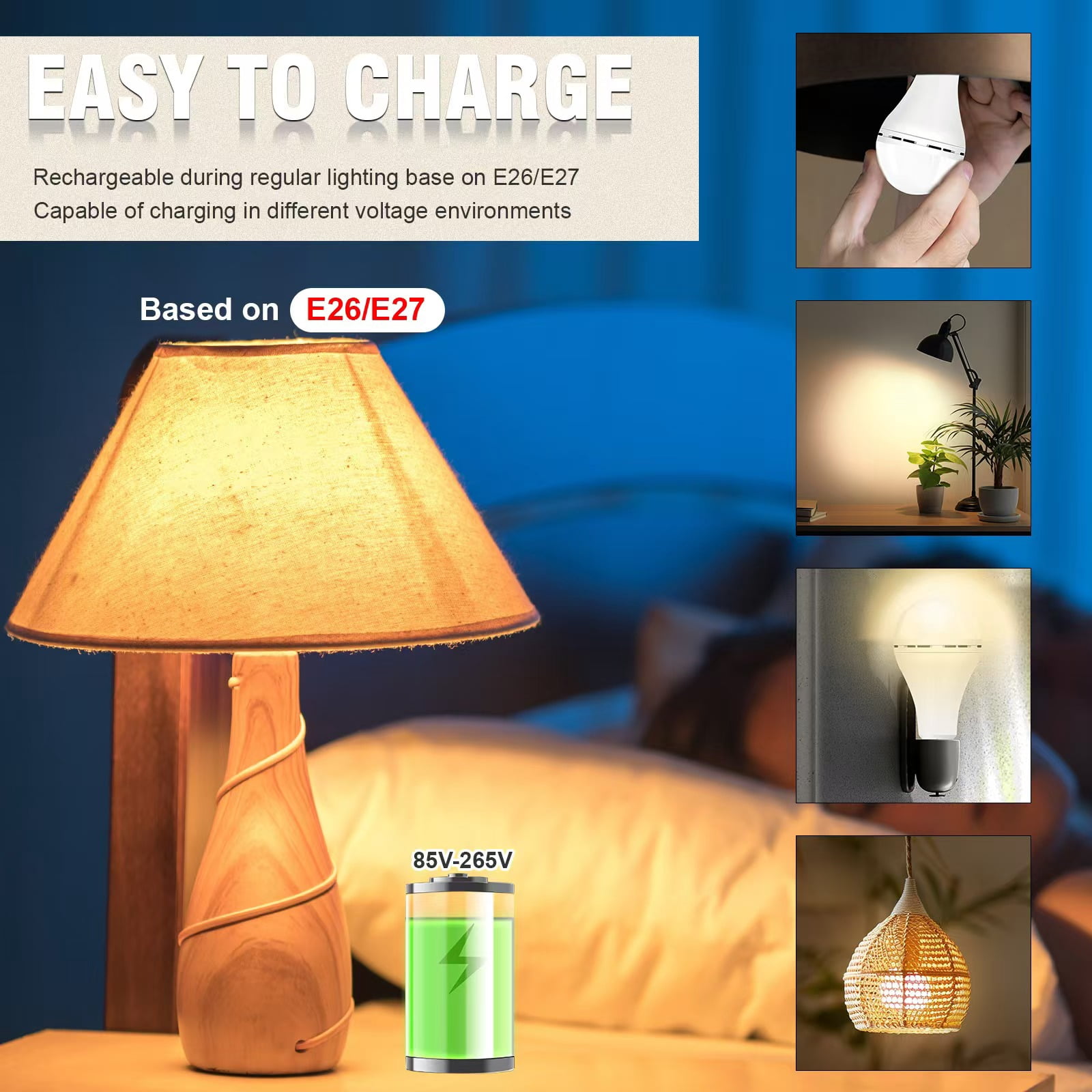 Rechargeable Emergency Light Bulbs,Soft White 3000K,Battery Operated Light Bulb,Keep Lighting When Power Failure,1200mAh Battery,Work 4-5 hours,A21 9W E26/E27 Standard Bulb,6 Pack with Hook