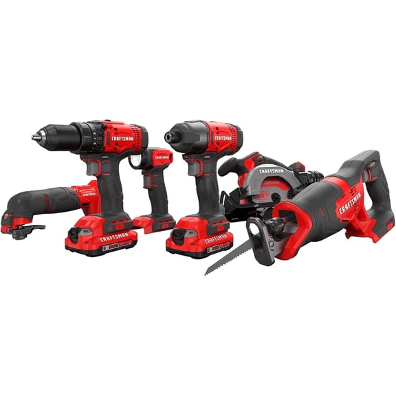 CRAFTSMAN V20 Cordless 6-Tool Combo Kit with 2 Batteries & Charger, Drill Driver, Impact Driver, Circular Saw, Reciprocating Saw, Jig Saw & Work Light