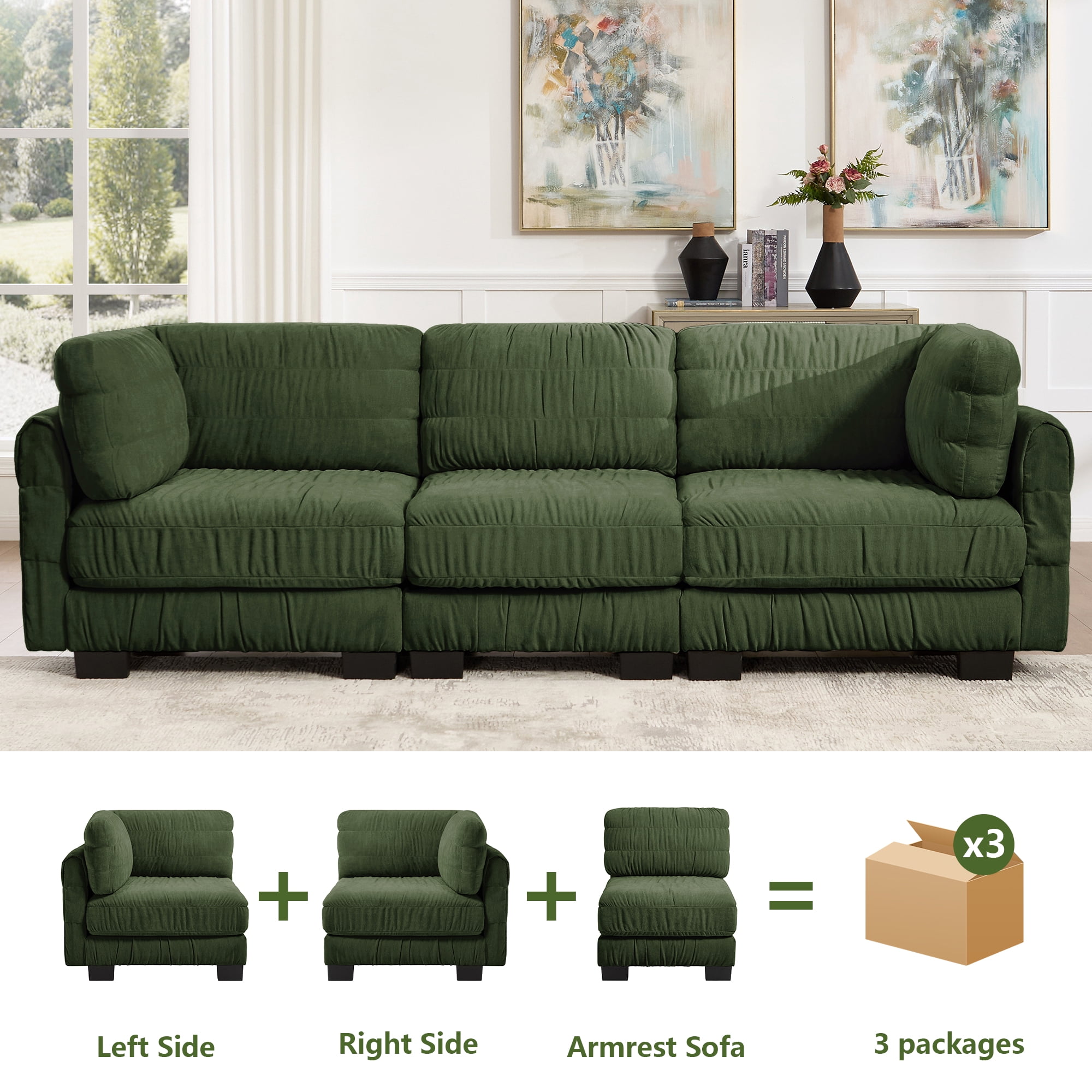 109" 3 Seat Ruched Chenille Modular Sectional Sofa with L Shape Thickened Back Cushions,Easy Assembly