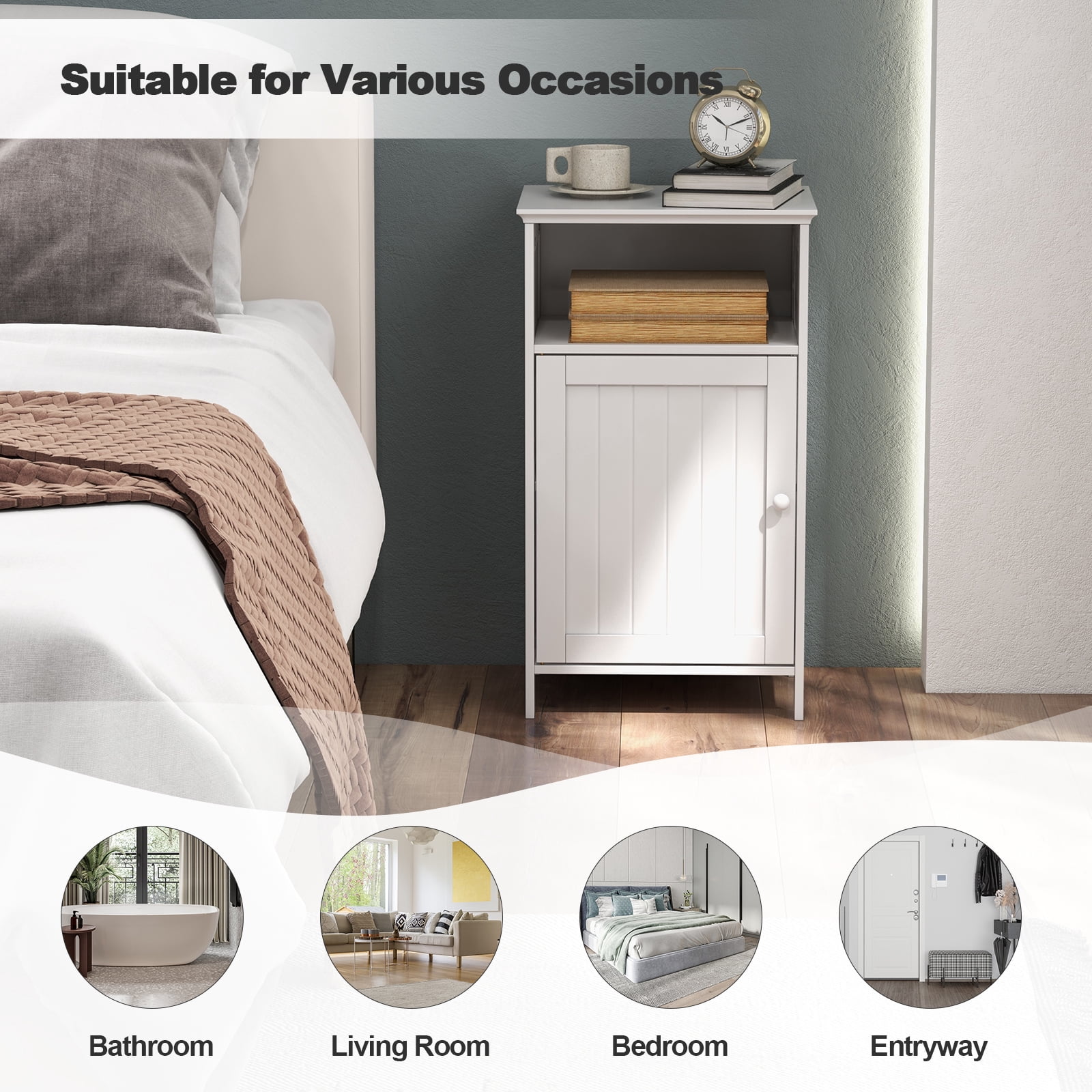 Gymax Bathroom Floor Storage Cabinet Side Table Adjustable Shelf Organize Freestanding