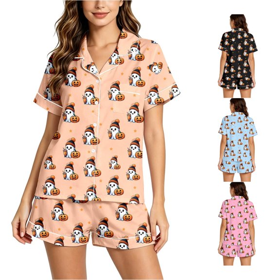 Halloween Silk Pajamas Women Halloween Print Pajama Set with Collared Short Sleeve Top and Shorts for Cozy Sleepovers and Relaxation Women’s Sleepwear Orange S