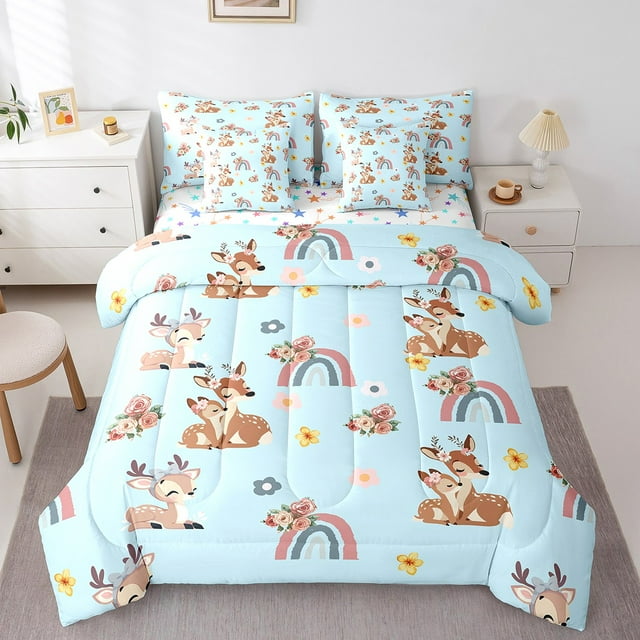 Erosebridal Cartoon Deer Bedding Sets Full Size, Rainbow Comforter Sets with Sheets, Rustic Floral Decor, Reversible 7 Pieces