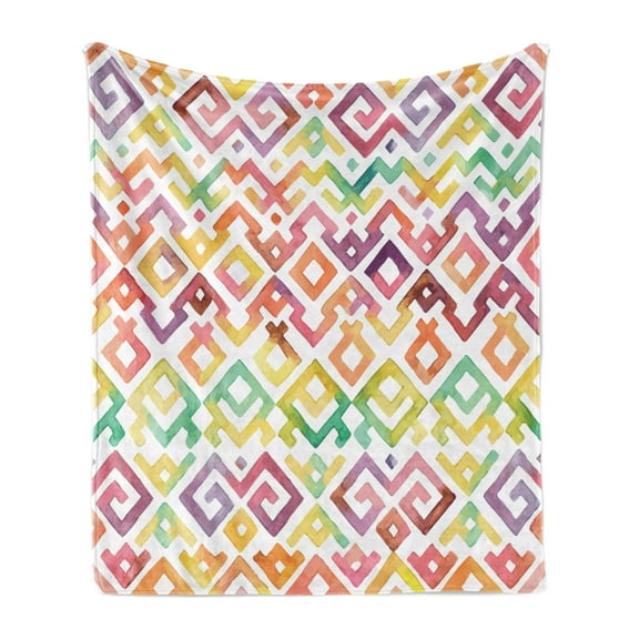 Watercolor Soft Flannel Fleece Throw Blanket, Ornamental Pattern Twisted Lines Geometric Boho Design, Cozy Plush for Indoor and Outdoor Use, 50" x 70", Multicolor, by Ambesonne