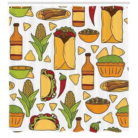 Mexican Shower Curtain, Latin Food Chili Taco Nachos Burrito Tequila Rice Corns Best Supper, Fabric Bathroom Set with Hooks, 69W X 75L Inches Long, Ginger Apricot Lime Green, by (The Best Tequila In Mexico)