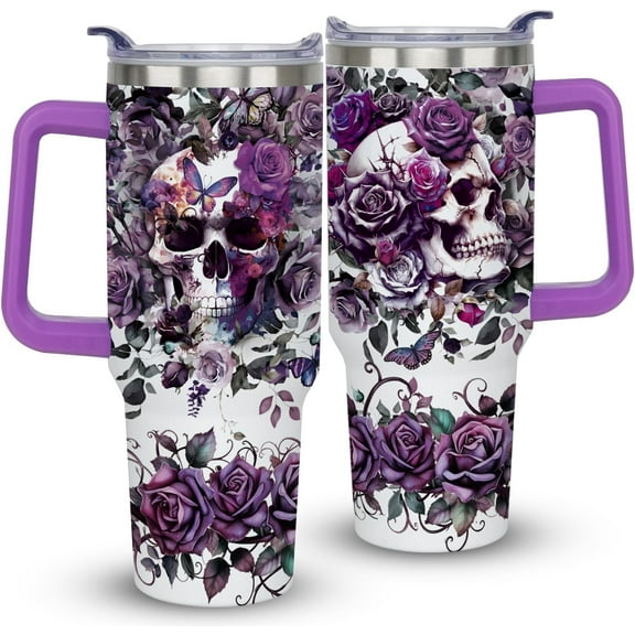 40oz Skull Goth Tumbler with Handle Halloween Gothic Gifts for Women Gothic Tumbler with Lid and Straw Horror Skeleton Stainless Steel Insulated Travel Coffee Cups