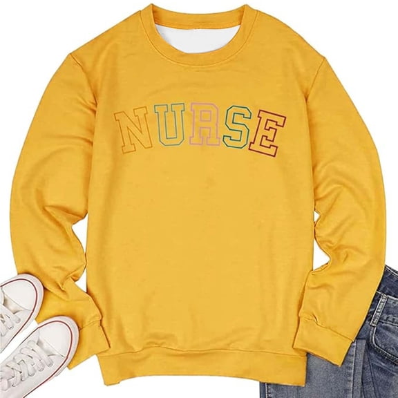 Arlun Women's Nurse Letter Printed Sweatshirts Funny Graduation Gift Nurse Life Pullovers Long Sleeve Round Neck Loose Comfy Tops Holiday Casual Hoodless Outfits Yellow XL