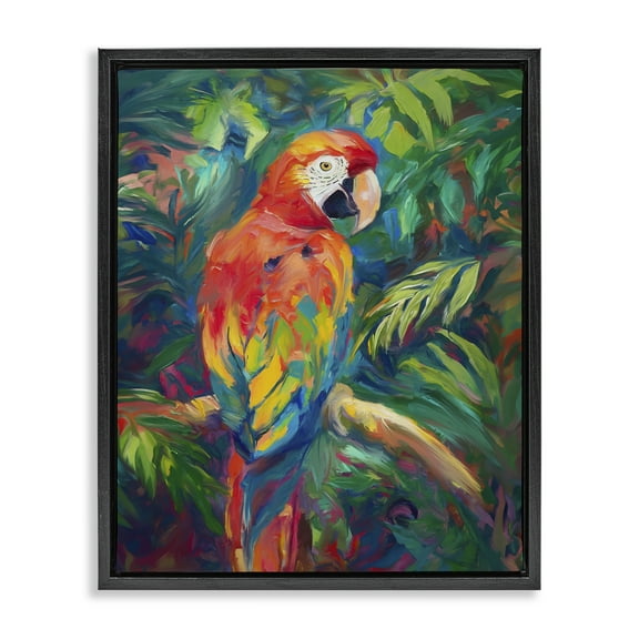 Stupell Industries Jungle Macaw on Branch Animals & Insects Painting Black Floater Framed Canvas Art Print Wall Art, 17 x 21