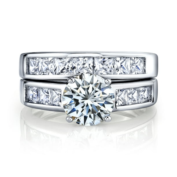 Women's Sterling Silver Bridal Set 2ct. Engagement Wedding Ring Round  Princess-Cut Cubic Zirconia