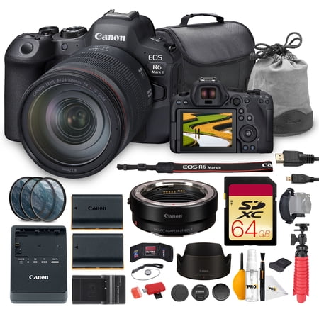 Canon EOS R6 Mark II Mirrorless Camera with 24-105mm f/4L IS USM Lens Bundle | 24.2MP Sensor Dual Pixel AF II & 4K 60p Video | For Events & Hybrid Creators + Adapter EF-EOS R + 64GB Card + More