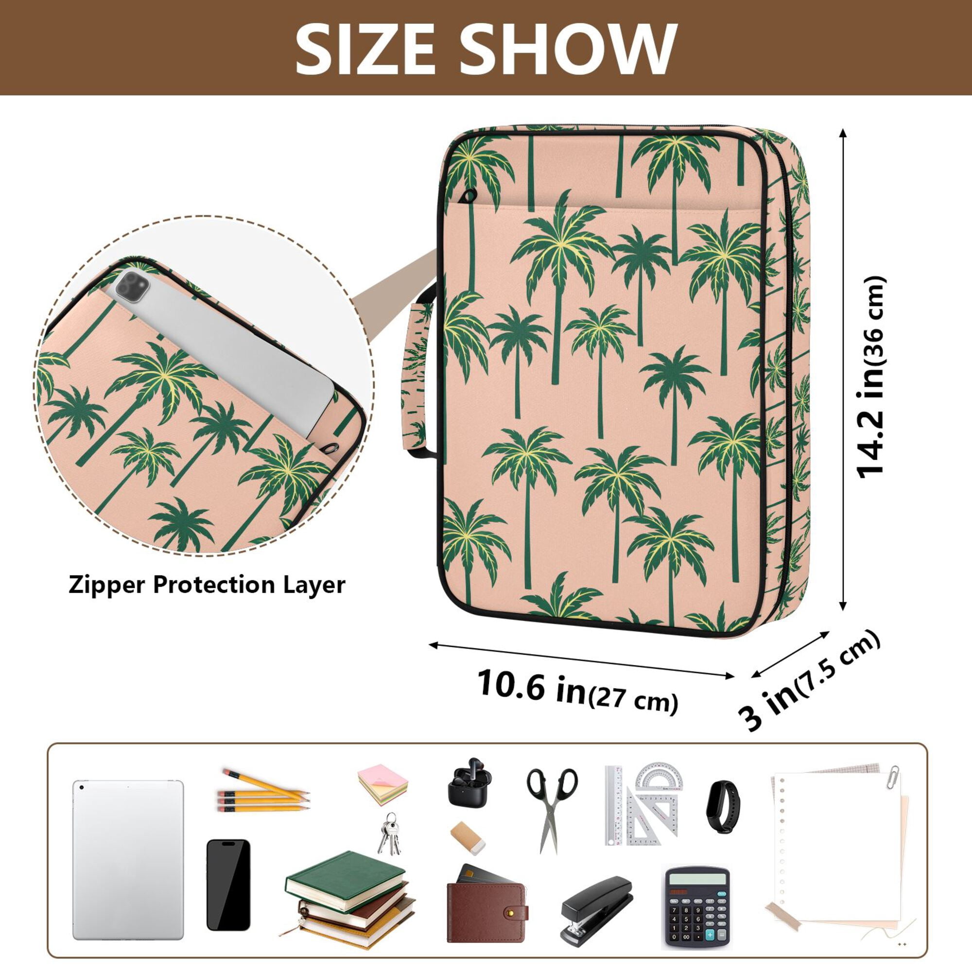 FORMRS Accordion File Folder A4 Size 7-Pocket Expanding Document Organizer Bag with 3 Ring Binder, Pink Palm Trees