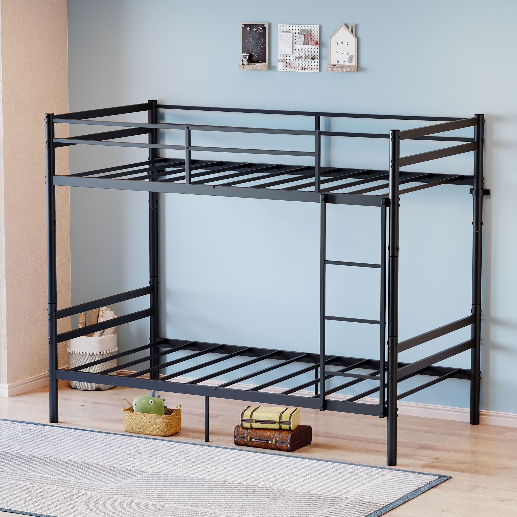 MAYEERTY Twin Over Twin Metal Bunk Bed with Ladder and High Guardrail, Splittable into 2 Individual Twin Beds, for Kids Teens Adults Bedroom Dorm, No Box Spring Needed
