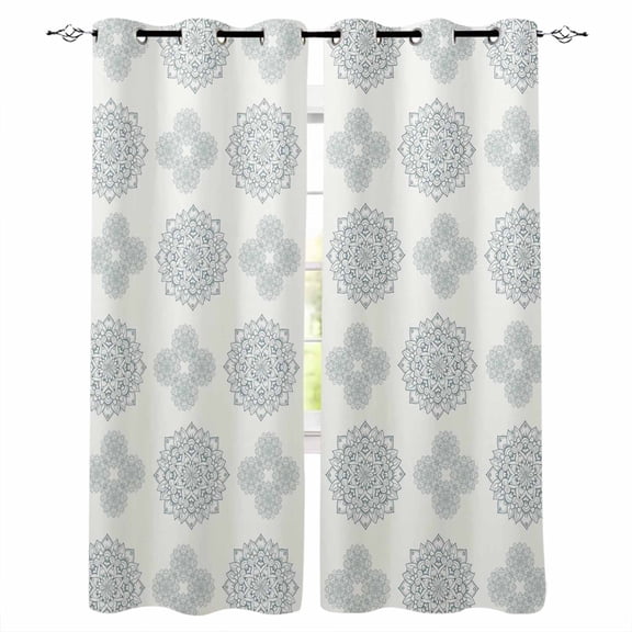 Blue Green Bohemia Blackout Curtains for Bedroom/Living Room, Thermal Insulated Kitchen Curtains, Vintage Abstract Boho Flowers Cream Grommet Darkening Window Treatment Drapes 52"x72"x2